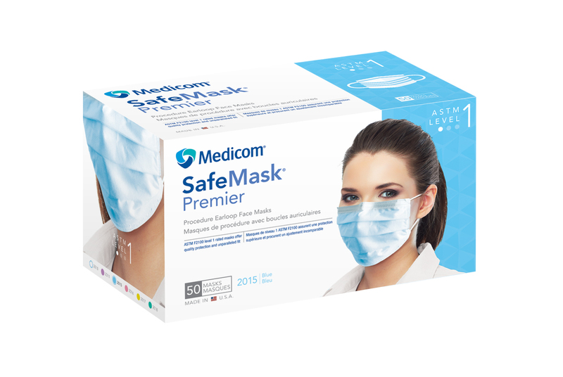 16-2015 Safe-Mask Premier - BLUE Ear-Loop Face Mask with BFE > 95% at 3 microns, Fluid Resistant, Box of 50 Masks.