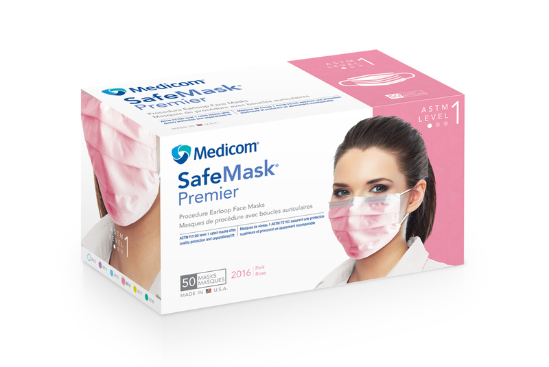 16-2016 Safe-Mask Premier - PINK Ear-Loop Face Mask with BFE > 95% at 3 microns, Fluid Resistant, Box of 50 Masks.