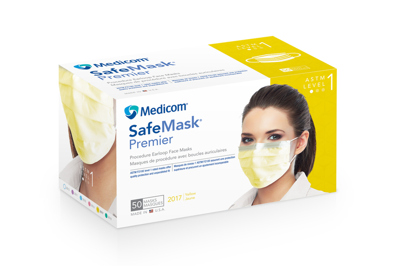 16-2017 Safe-Mask Premier - YELLOW Ear-Loop Face Mask with BFE > 95% at 3 microns, Fluid Resistant, 50bx 10bx/cs.