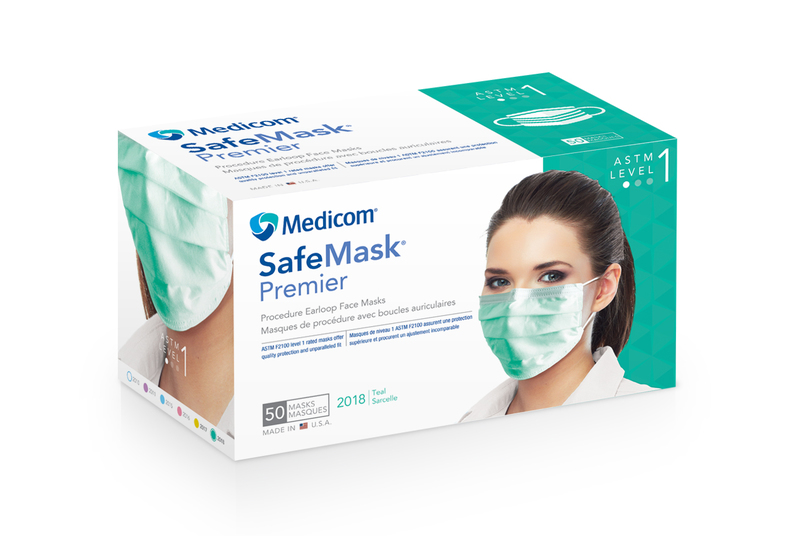 16-2018 Safe-Mask Premier - TEAL Ear-Loop Face Mask with BFE > 95% at 3 microns, Fluid Resistant, Box of 50 Masks.