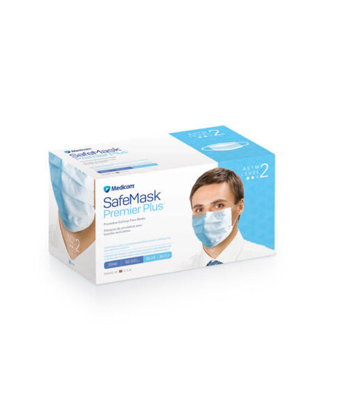 16-2040 Medicom Safe-Mask Premier Plus - Blue Earloop Mask, Level 2, 50bx
