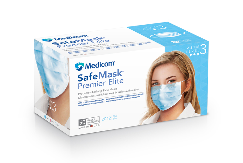 16-2042 Medicom SafeMask Premier Elite Blue Level 3 Earloop Mask, 50/bx