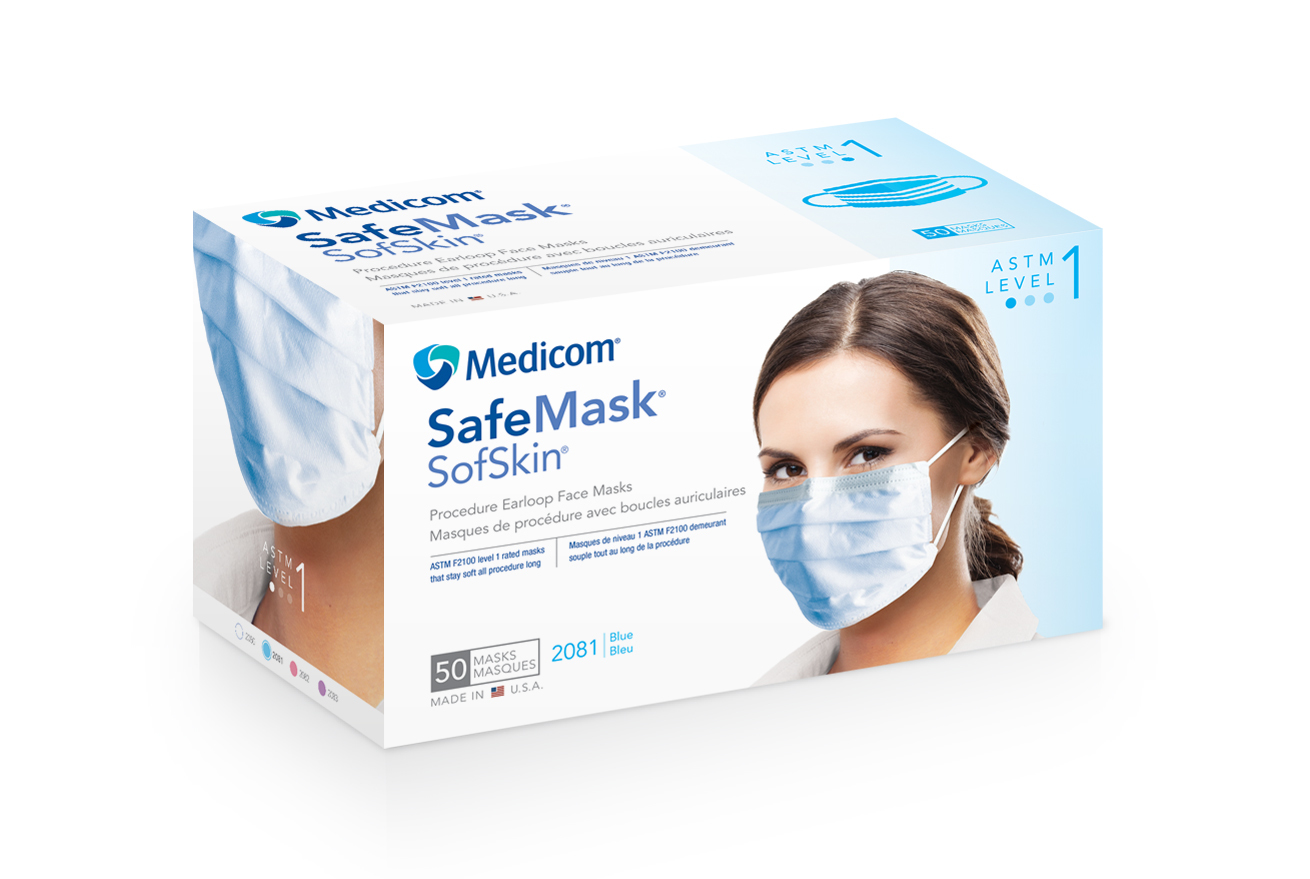 16-2081 Medicom Sof Skin Blue Earloop Mask, 50/bx