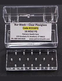 57-1516-LA 16-Hole Latch-Type Clear Plexiglass Bur Block With Box, Comes in a clear, plastic box for easy storage. Non-autoclavable, 2.8125 x 1.25 x .5