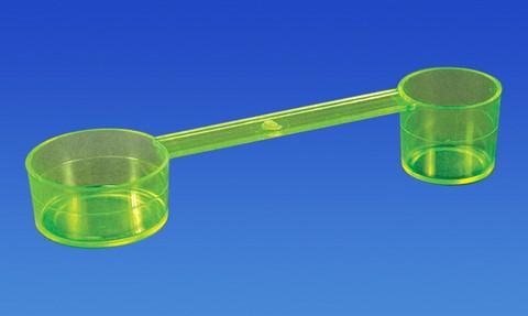 57-1525 Alginate Scoop & Water Measure, Double-Sided Alginate Tool, Translucent Green. Latex-free. Length 6.5. Large scoop: diameter 1.75 x 0.75 high, S