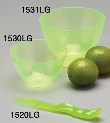 57-1532LGS Candeez Scented Flexible Mixing Bowls Set 2/Pk. Green with Lime Scent. Set includes 1 Medium Bowl 4 x 2.5, volume 350cc, 1 Large Bowl 4.5 x 3,