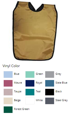 Pano 3/4 Deluxe Dual Apron, Taupe Vinyl with black binding, 22.5 x 30, 0.5mm lead-lined medical-grade w/textured vinyl backing. Covers from shoulde