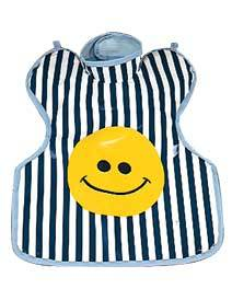 57-27H-Happy Child ProtectAll Apron 20 x 20 Silk Screen Happy Face Printed on White and Blue Stripped Backing X-Ray Apron, Neck collar permanently attached. Co