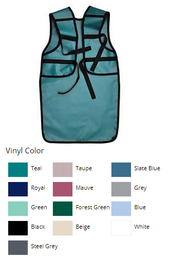 57-34M-ForGreen X-Ray Coat Apron, Forest Green, Full-length frontal protection 23 x 37 1/2. Wraps around back over shoulder blades. Ties at upper and lower back
