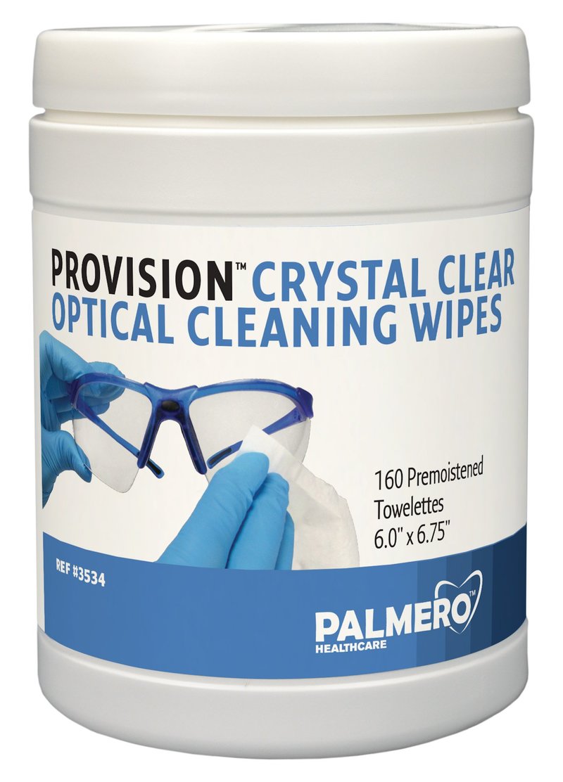 57-3534 Pro-Vision Optical Cleansing Wipes 6 x 6 3/4 160/Can. Crystal Clear, Premoistened. Antifog and antistatic lens cleansing and polishing solution.