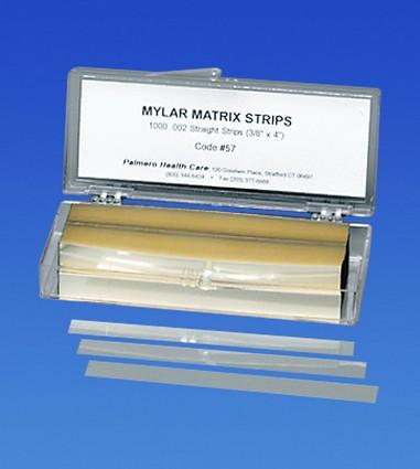 57-57 .002 Mylar matrix Strip Straight .375 x 4, thickness 5.8 microns 1000/Pk. Can be used for composite restorations. Far stronger than acetate.