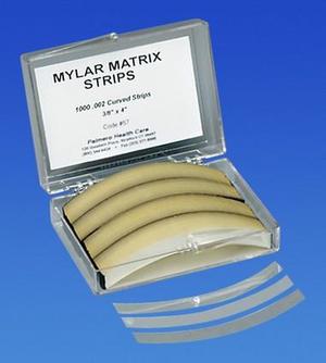 .002 Mylar matrix Strip Curved .375 x 4, thickness 5.8 microns 1000/Pk. Can be used for composite restorations. Far stronger than acetate.