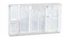 6 Station of assorted size Pouch Dispenser, Each Station Holds 200 Pouches Each with or without box, Clear acrylic. May be wall mounted, screws not in