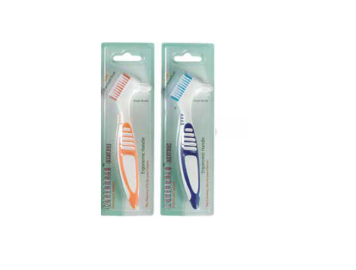 700-20042-12 Tangerine & White Premium Angled Denture Brushes, Soft Dual Action, Pack of 12 denture brushes.