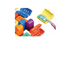 One Size Fits All Toothbrush Covers, features a back hinge with snap-closure and a round profile to fit nearly all styles of brushes. Colorful plastic