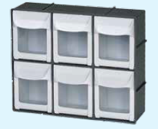 Quick Access Tilt Bin Storage System, 6 Bin, 11 13/16" W x 10" H x 4" D, Black Frame With Gray Bins