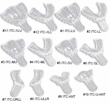 700-ITC-MU Crystal Impression Trays - #3 Medium Upper Arch - Perforated, Clear Plastic 12/Pk. Ideal for use with color-changing materials. Rounded, anatomical ed