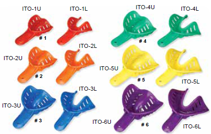 700-ITO-1L Ortho Impression Trays - Perforated #1 Pedo Small Lower Red 25/Pk. Disposable impression trays designed for smaller mouths. Made of durable polypropyl