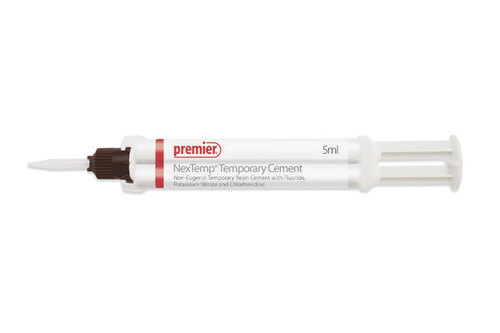 35-3001471 NexTemp Standard Kit: 1 - 5 mL Syringe. Non-eugenol resin-matrix temporary cement with fluoride release, potassium nitrate for patient comfort and chl