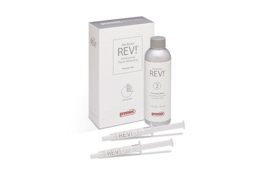 35-4000142 Perfecta Rev - Patient Pack - 14% Hydrogen Peroxide, Mint Flavored Tooth Whitening System. Pack Contains: 2-3cc syringes of REV!, 2 dispensing tips to