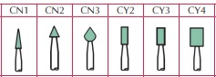 93-0052 CN1 pointed cone CA (contra angle) Shofu Dental Dura-Green silicon carbide finishing stones, box of 12 stones.