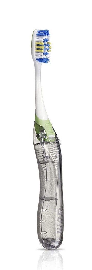 20-153P GUM Travel Toothbrush with Soft Dome Trim Bristles 12/Pk. Antibacterial Bristles. Folding ergonomic cap functions as a handle.