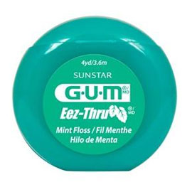 20-2014A GUM Eez-Thru Floss Mint 4 yd 144/Bx. Made from a special PTFE material that slides easily between teeth without shredding or breaking.