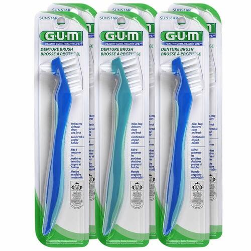 20-201RYB GUM Denture Brush - Flat Trim and Firm Bristles, Short Handle with Lever Grip, Box of 12 Toothbrushes.