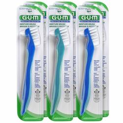 GUM Denture Brush - Flat Trim and Firm Bristles, 6/Box. Short Handle with Lever Grip. Tapered brush cleans smaller hard-to-reach areas.