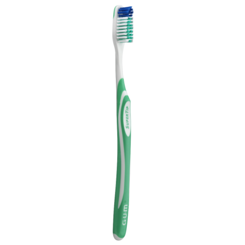 20-460PG GUM Super Tip Toothbrush - Soft Bristles Full Head Adult, 12/Pk. Raised-center Dome-Trim bristles. Tapered and rounded head. Tapered and textured bris