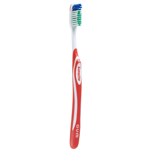 20-464PG GUM Super Tip Toothbrush, Sensitive - Ultra Soft Bristles Full Head Adult, 12/Pk. Raised-center Dome-Trim bristles. Tapered and rounded head. Tapered