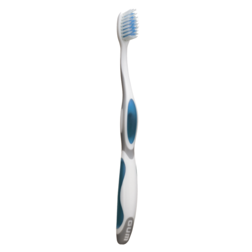20-505P GUM Summit Adult Toothbrush with Soft Bristles and Full Compact Head 12/Pk. Has strong unique tapered bristles that penetrate deeply between teeth and