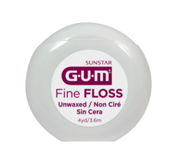 GUM Unflavored Unwaxed Fine Dental Floss - Thin, Shred Resistant. Box of 144 Dispensers, 4 yards of floss each.