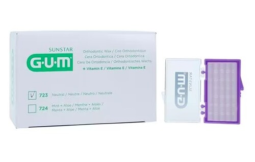20-723PC GUM Orthodontic Wax - Unflavored, with Vitamin E 24/Bx. Adheres to orthodontic appliances to help relieve irritated tissue. Discreet - Clear wax blend