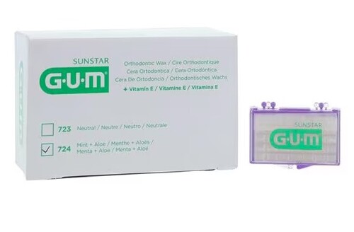 20-724PC GUM Orthodontic Wax - Mint, with Vitamin E & Aloe 24/Bx. Adheres to orthodontic appliances to help relieve irritated tissue. Discreet - Clear wax blen