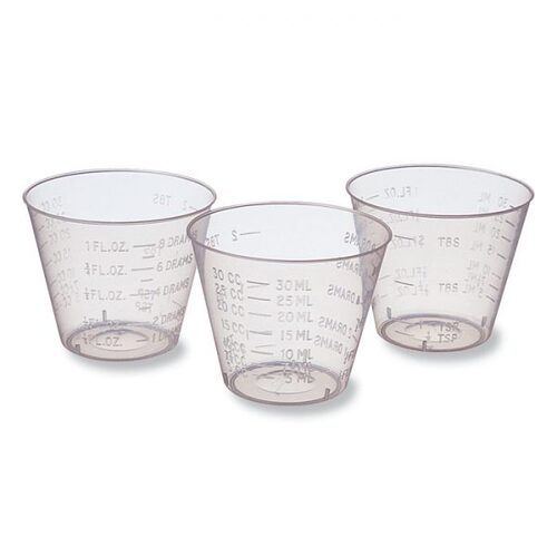 90-039910 30 ml Metered Dispensing Cup, 100/pk. Clear plastic, easy-to-read marking.