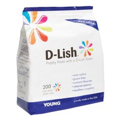 D-Lish Coarse Dessert Trio Prophy Paste 200/Bx. With 1.23% Fluoride and Xylitol. Reduced Splatter. Three assorted flavors: Strawberry Cheesecake, Suga