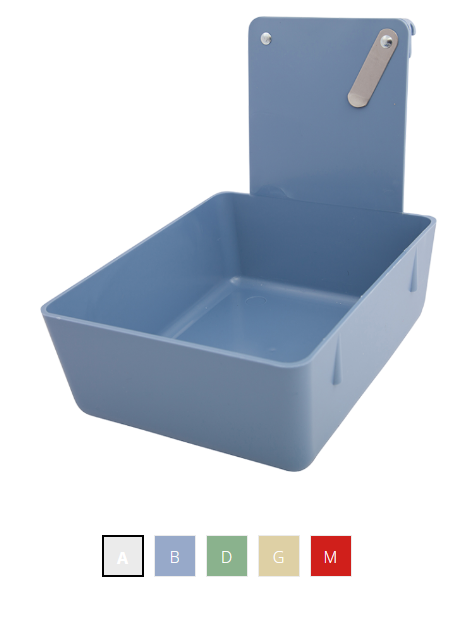163-17Z102B Wall-Hanging Lab Pan - Blue Plastic Pan With Metal Clip and Wall-Hanging Strip on the back.