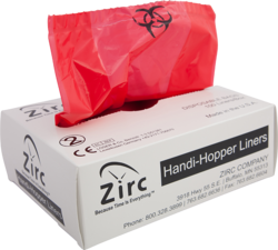 Handi-Hopper Liners - Red Biohazard, 7" x 10" x 3" gusset. Box of 100 liners.