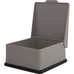 Tub box with attached lid, 3-3/4" x 3-5/8" x 1-7/8", Gray color, surface disinfect only. Designed to hold/organize hard-to-find supplies such as: br