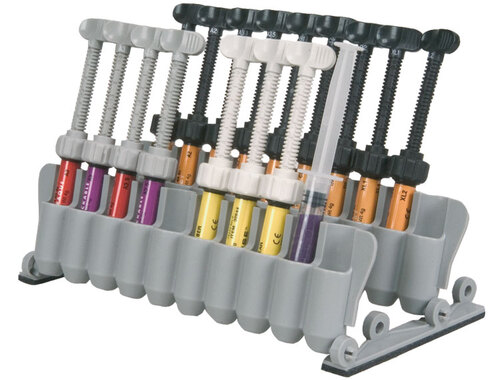 163-20Z487 Syringe 20-Unit Stand, Stands up for easy access to composite and lays flat to fit inside tub or drawer, Holds up to 20 syringe tubes.