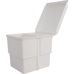 E-Z Storage Tub White with White Cover 5-1/4"L x 4-1/4"W x 4-3/4"H (inside). Comes with one vertical divider and one half-depth adjustment, Removable,