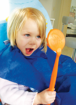 Mega Mirror - Neon Orange. 2.5" lens, Length 15.5". Great for patients to see their teeth, single mirror.
