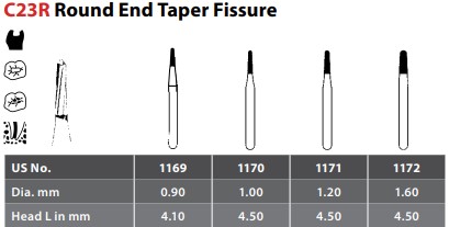 97-R101169 FG #1169 Round End Tapered Fissure Carbide Bur, Package of 10.