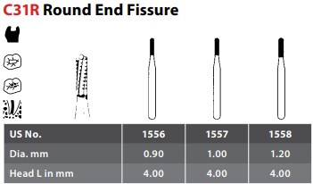 97-R301557 FG #1557 SS Short Shank Round End Cross Cut Fissure Carbide Bur, Package of 10 Burs.