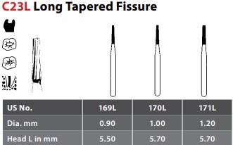 97-R10169LC FG #169L Long Taper Fissure Carbide Bur, clinic pack of 100 burs.