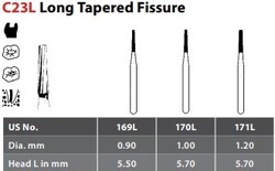 FG #169L Long Taper Fissure Carbide Bur, clinic pack of 100 burs.