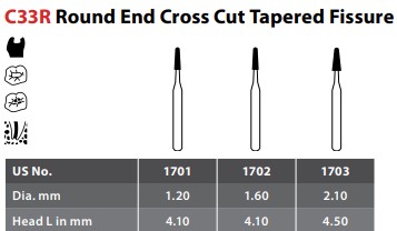 97-R501702 FG #1702 SL Surgical Length Round End Cross Cut Tapered Fissure Carbide Bur, Package of 10.
