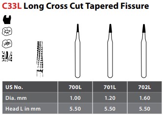 97-R10701L FG #701L Long Cross Cut Tapered Fissure Carbide Bur, Package of 10.