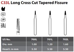 97-R10702L FG #702L Long Cross Cut Tapered Fissure Carbide Bur, Package of 10.